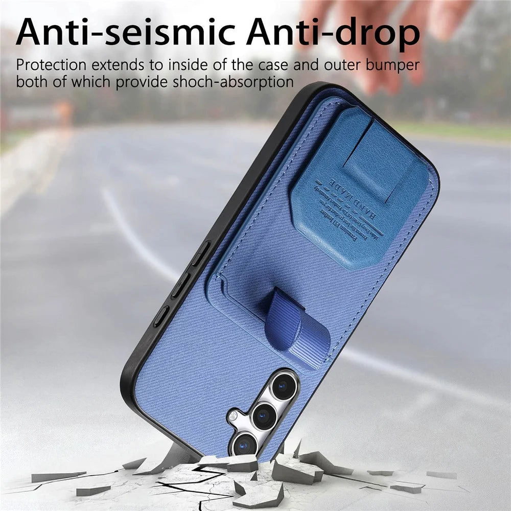 For Samsung Galaxy A26 5G Case Cloth Texture TPU PU Leather PC Phone Back Cover with Card Holder Kickstand - Blue - 7