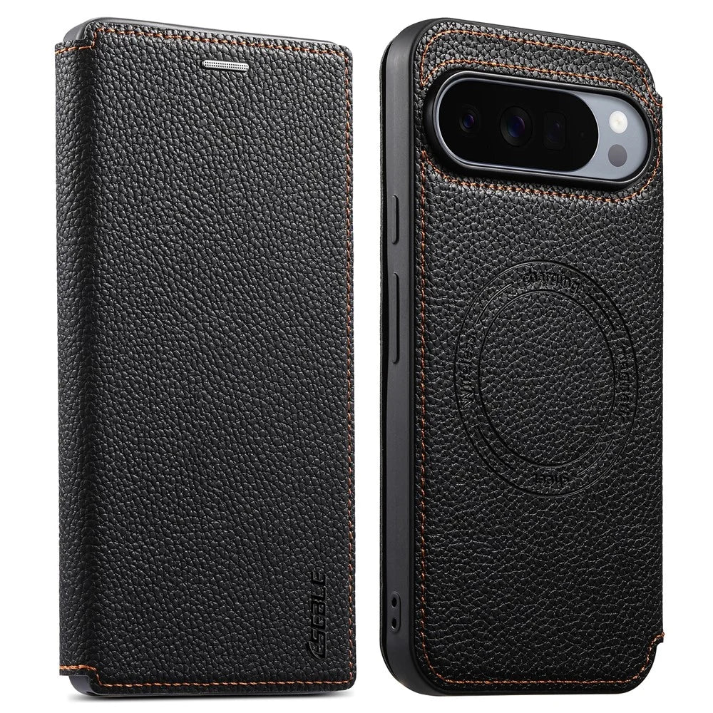 ESEBLE Magnetic Case For Google Pixel 10 Pro  /  Pixel 9 Pro Ultra Thin Litching Textured Leather Flip Cover with Card Slot - Black - 1