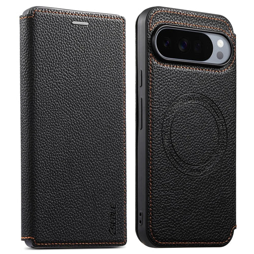 ESEBLE Magnetic Case For Google Pixel 10 Pro  /  Pixel 9 Pro Ultra Thin Litching Textured Leather Flip Cover with Card Slot - Black - 1