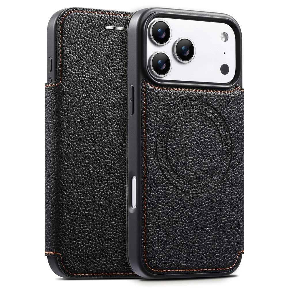 ESEBLE For iPhone 17 Pro Magnetic Case Ultra Thin Litching Textured Leather Flip Cover with Card Slot Compatible with Magsafe - Black - 1