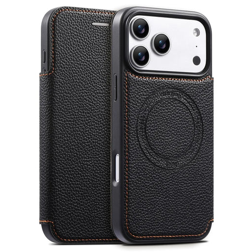 ESEBLE For iPhone 17 Pro Magnetic Case Ultra Thin Litching Textured Leather Flip Cover with Card Slot Compatible with Magsafe - Black - 1
