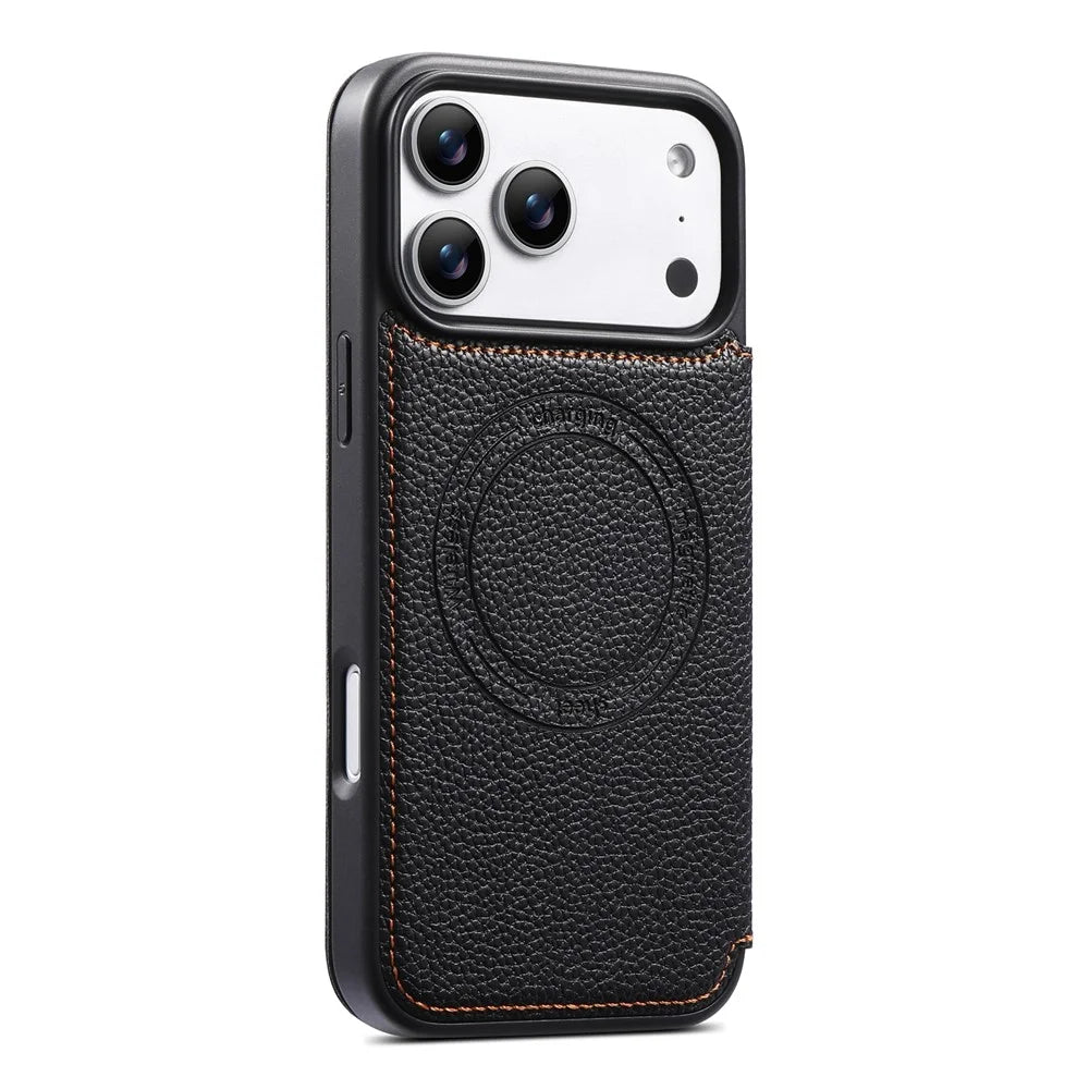 ESEBLE For iPhone 17 Pro Magnetic Case Ultra Thin Litching Textured Leather Flip Cover with Card Slot Compatible with Magsafe - Black - 6