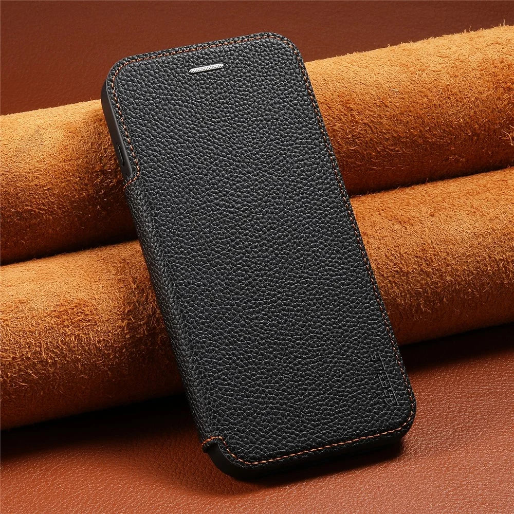 ESEBLE For iPhone 17 Pro Magnetic Case Ultra Thin Litching Textured Leather Flip Cover with Card Slot Compatible with Magsafe - Black - 7