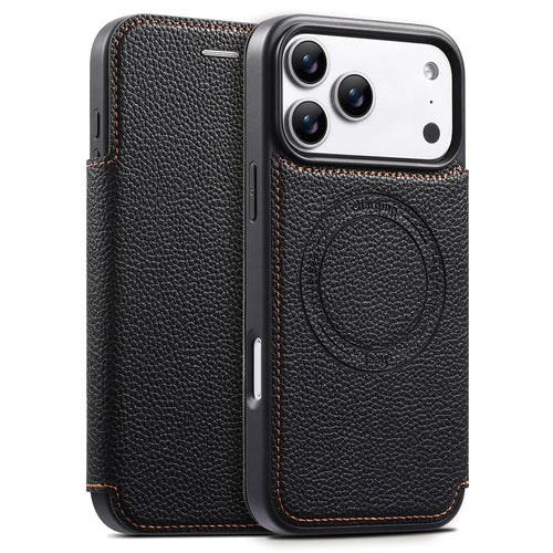 ESEBLE For iPhone 17 Pro Max Magnetic Case Ultra Thin Litching Textured Leather Flip Cover with Card Slot Compatible with Magsafe - Black - 1
