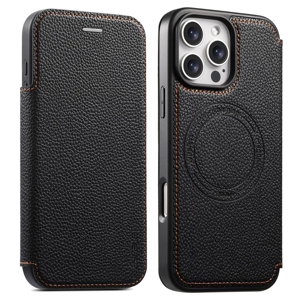 ESEBLE For iPhone 16 Pro Max Magnetic Case Ultra Thin Litching Textured Leather Flip Cover with Card Slot Compatible with Magsafe - Black - 1