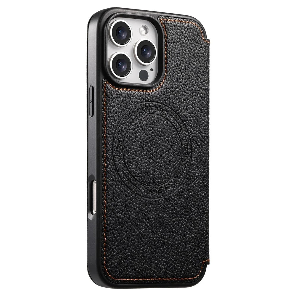 ESEBLE For iPhone 16 Pro Max Magnetic Case Ultra Thin Litching Textured Leather Flip Cover with Card Slot Compatible with Magsafe - Black - 5