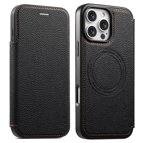 ESEBLE For iPhone 16 Pro Magnetic Case Ultra Thin Litching Textured Leather Flip Cover with Card Slot Compatible with Magsafe - Black - 1