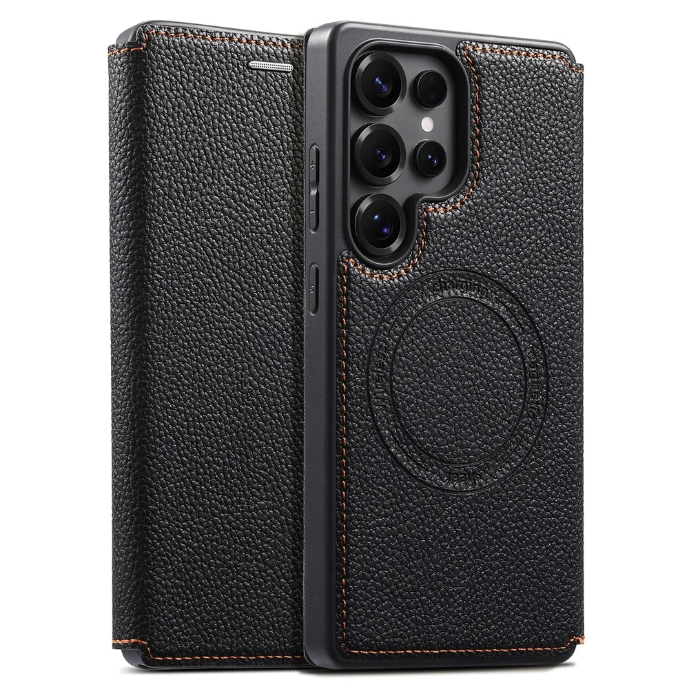 ESEBLE For Samsung Galaxy S26 Ultra Magnetic Case Ultra Thin Litchi Texture PU Leather+PC+TPU Phone Cover with 2 Card Slots - Black - 1