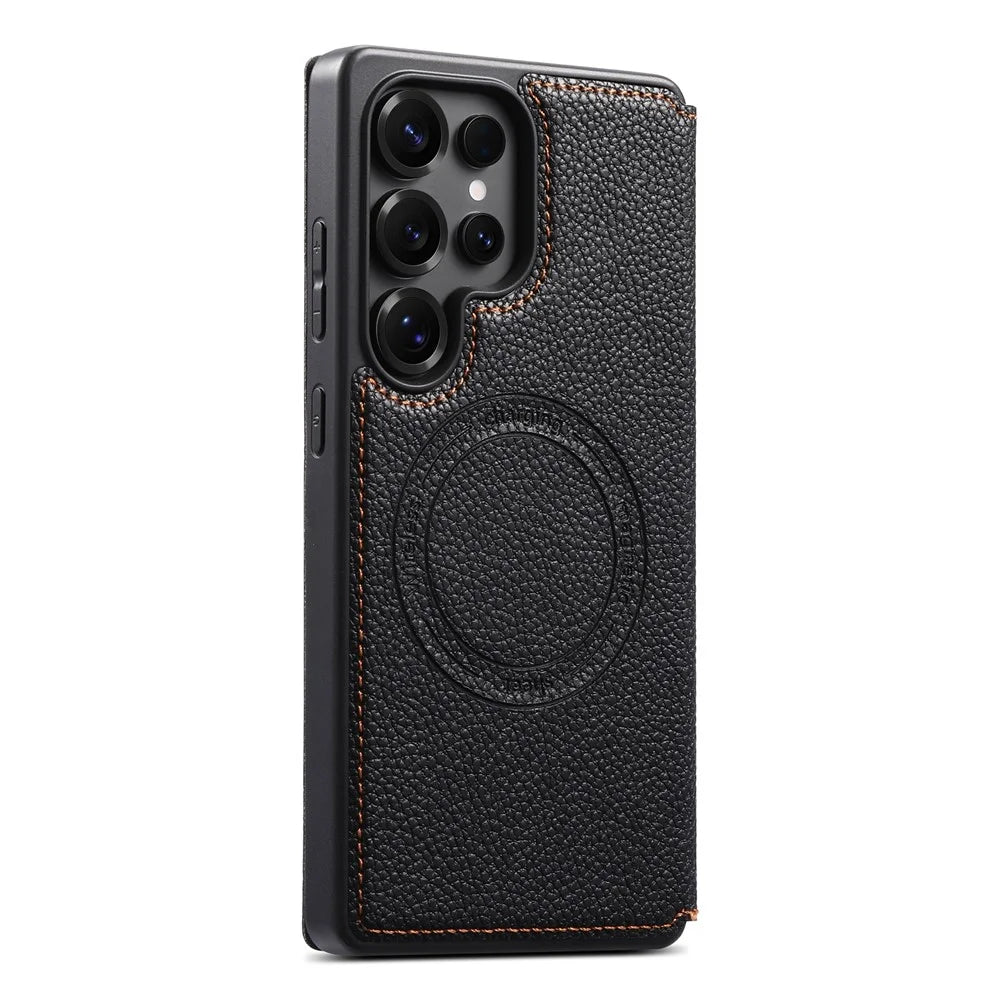 ESEBLE For Samsung Galaxy S26 Ultra Magnetic Case Ultra Thin Litchi Texture PU Leather+PC+TPU Phone Cover with 2 Card Slots - Black - 6
