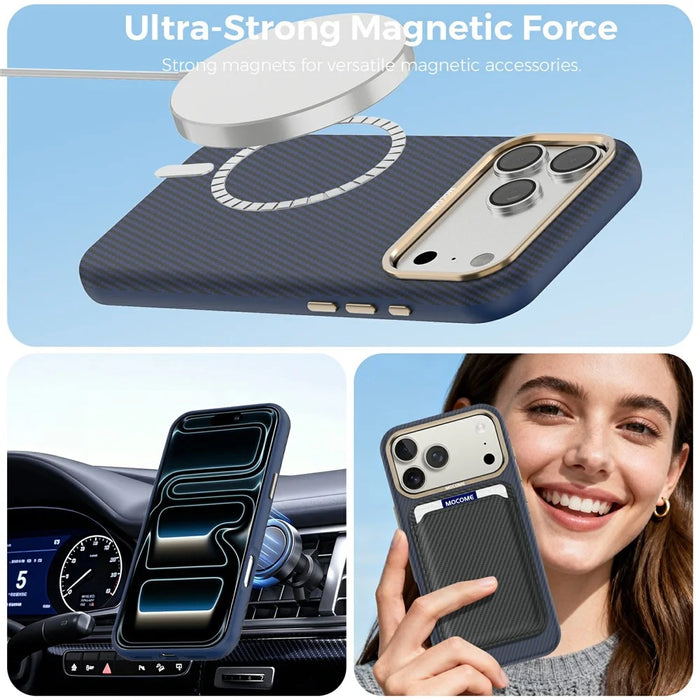 For iPhone 17 Pro Case Compatible with MagSafe Carbon Fiber Texture Shockproof Leather TPU PC Protective Cover - Sapphire - 3