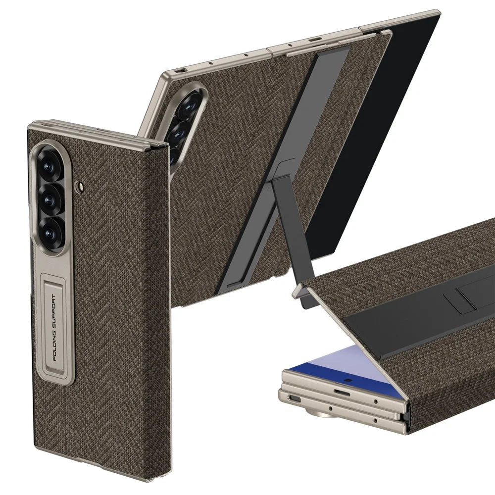 GKK For Samsung Galaxy Z TriFold 5G Case Dual Kickstand Nylon Fabric PC Phone Cover with Tempered Glass Film - Brown - 1