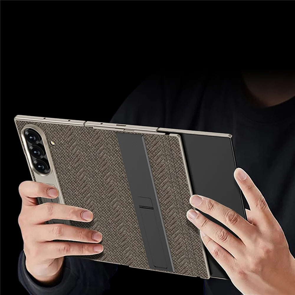 GKK For Samsung Galaxy Z TriFold 5G Case Dual Kickstand Nylon Fabric PC Phone Cover with Tempered Glass Film - Brown - 2