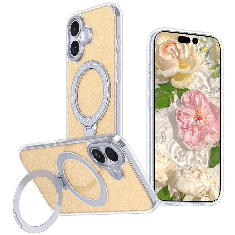 For iPhone 17 Magnetic Case Glitter Rotating Kickstand TPU Acrylic Shockproof Phone Cover - Orange - 1