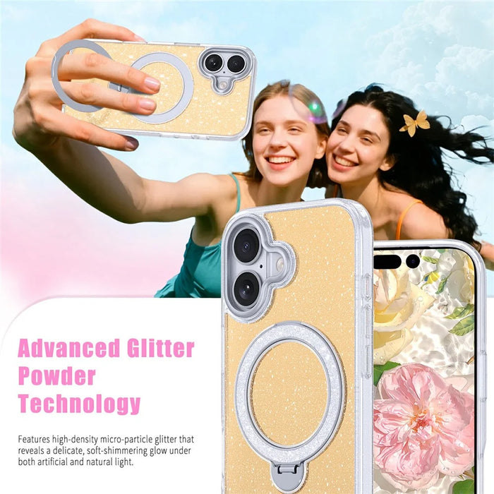 For iPhone 17 Magnetic Case Glitter Rotating Kickstand TPU Acrylic Shockproof Phone Cover - Orange - 2