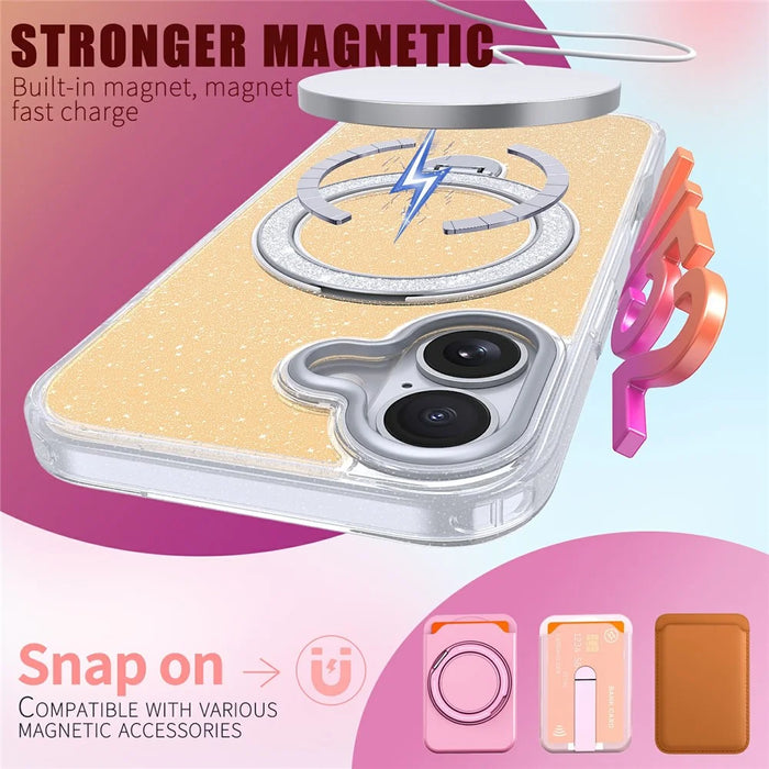 For iPhone 17 Magnetic Case Glitter Rotating Kickstand TPU Acrylic Shockproof Phone Cover - Orange - 3