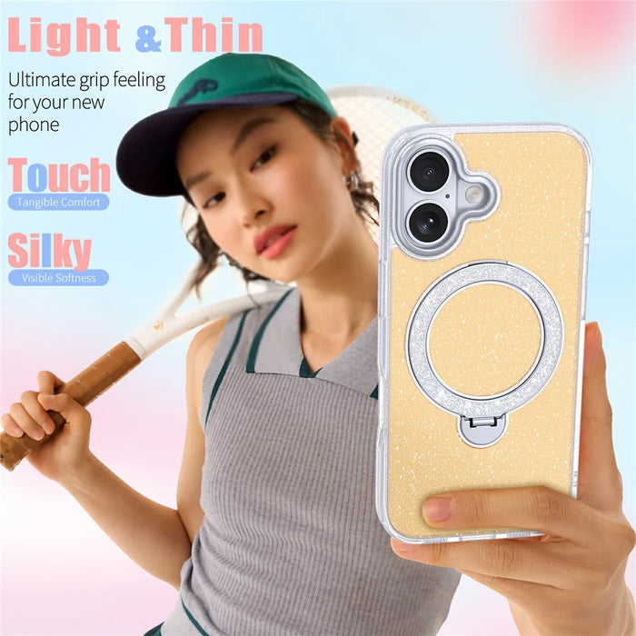 For iPhone 17 Magnetic Case Glitter Rotating Kickstand TPU Acrylic Shockproof Phone Cover - Orange - 5
