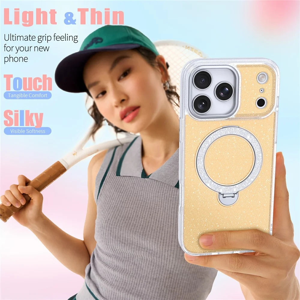For iPhone 18 Pro / 17 Pro Magnetic Case Glitter Rotating Kickstand TPU Acrylic Shockproof Phone Cover - Pink - Orange - 5