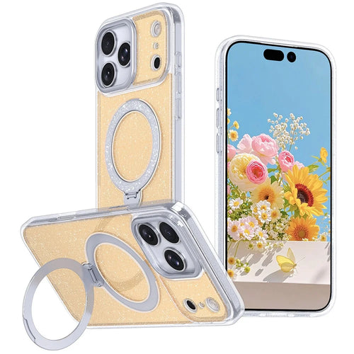 For iPhone 18 Pro Max / 17 Pro Max Magnetic Case Glitter Rotating Kickstand TPU Acrylic Shockproof Phone Cover - Orange - 1
