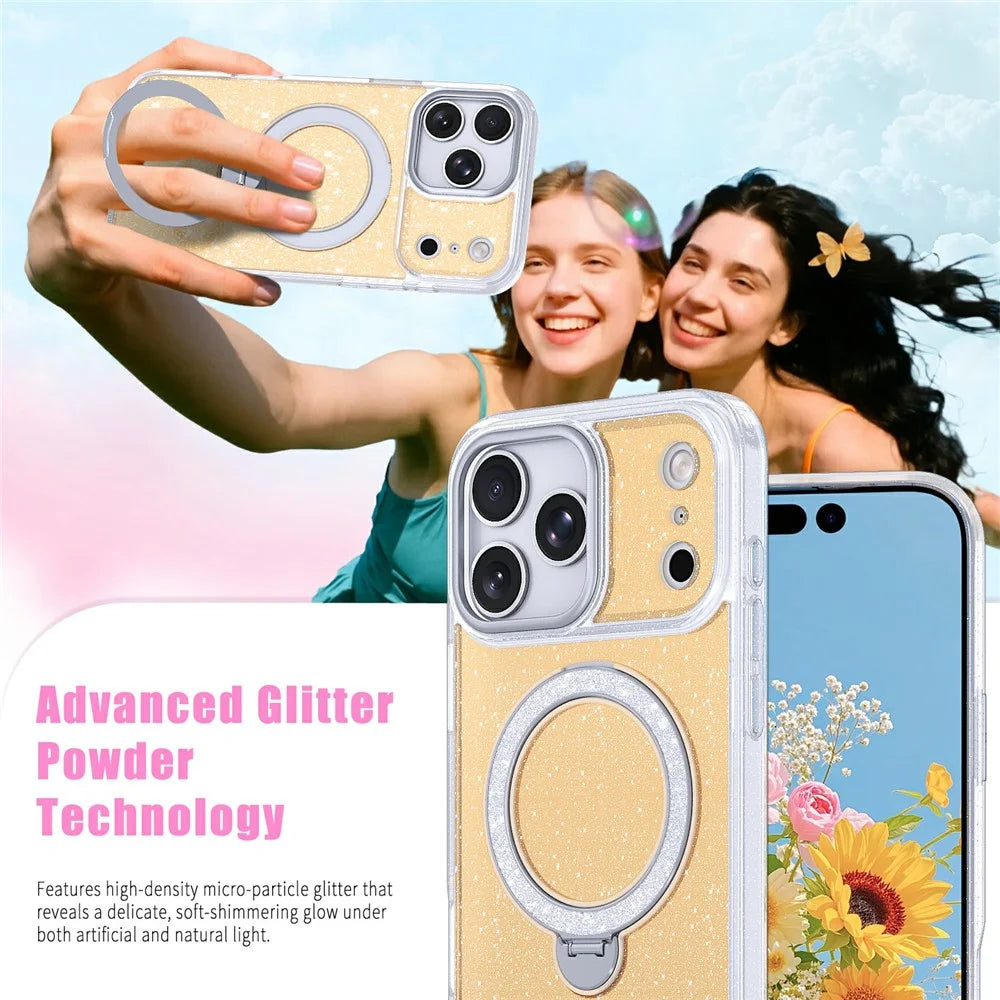 For iPhone 18 Pro Max / 17 Pro Max Magnetic Case Glitter Rotating Kickstand TPU Acrylic Shockproof Phone Cover - Orange - 2