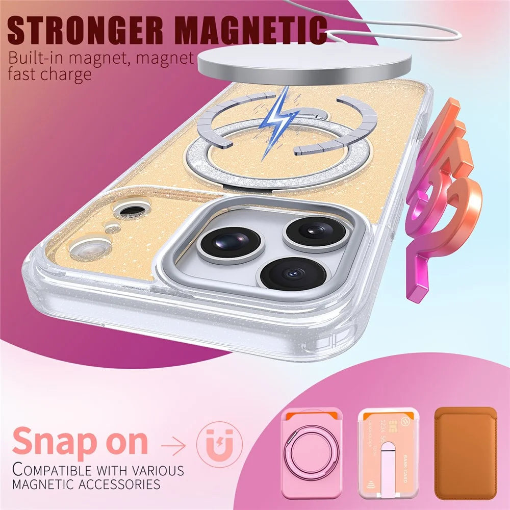 For iPhone 18 Pro Max / 17 Pro Max Magnetic Case Glitter Rotating Kickstand TPU Acrylic Shockproof Phone Cover - Orange - 3