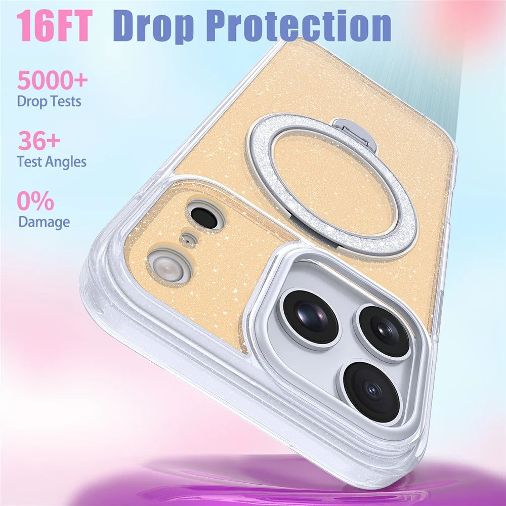 For iPhone 18 Pro Max / 17 Pro Max Magnetic Case Glitter Rotating Kickstand TPU Acrylic Shockproof Phone Cover - Orange - 4