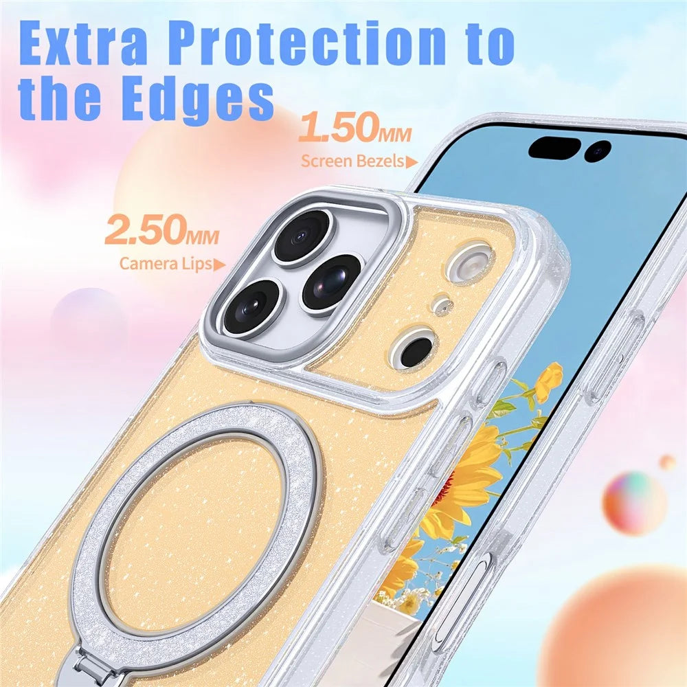 For iPhone 18 Pro Max / 17 Pro Max Magnetic Case Glitter Rotating Kickstand TPU Acrylic Shockproof Phone Cover - Orange - 6