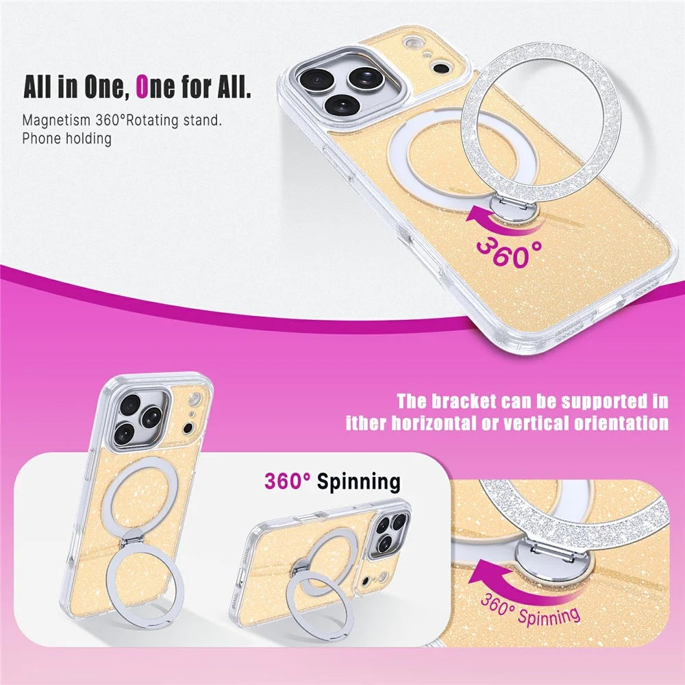 For iPhone 18 Pro Max / 17 Pro Max Magnetic Case Glitter Rotating Kickstand TPU Acrylic Shockproof Phone Cover - Orange - 7