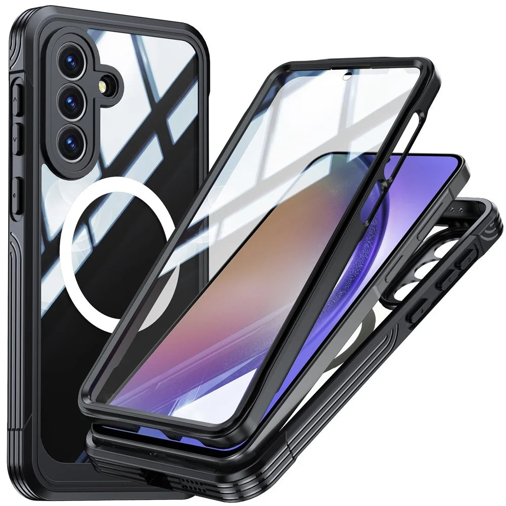 For Samsung Galaxy A57 5G Magnetic Case PC + TPU Phone Cover with Tempered Glass Screen Film - Black - 1