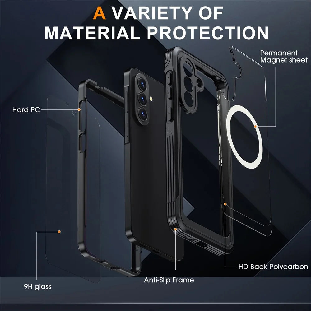 For Samsung Galaxy A57 5G Magnetic Case PC + TPU Phone Cover with Tempered Glass Screen Film - Black - 6