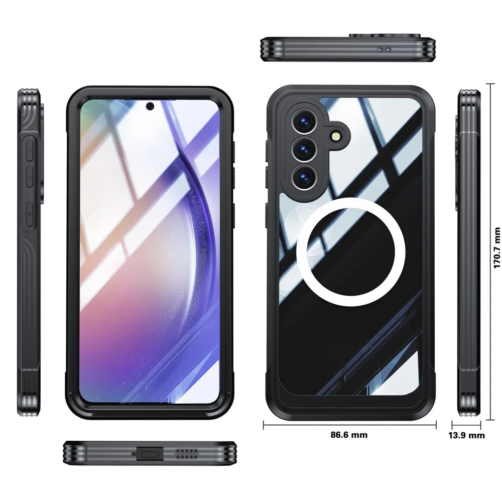 For Samsung Galaxy A57 5G Magnetic Case PC + TPU Phone Cover with Tempered Glass Screen Film - Black - 7