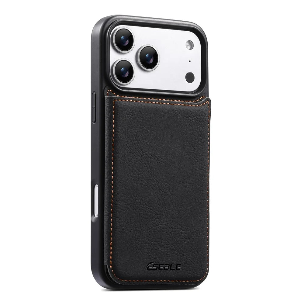 ESEBLE For iPhone 17 Pro Phone Case with Card Holder Vintage Textured PC + PU Leather Back Cover - Black - 1