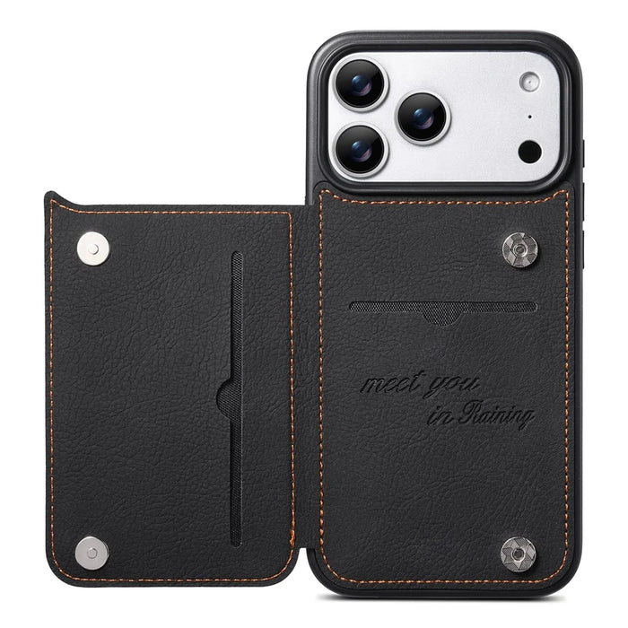 ESEBLE For iPhone 17 Pro Phone Case with Card Holder Vintage Textured PC + PU Leather Back Cover - Black - 3