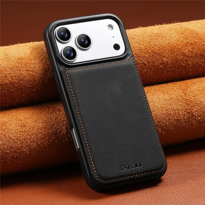 ESEBLE For iPhone 17 Pro Phone Case with Card Holder Vintage Textured PC + PU Leather Back Cover - Black - 6