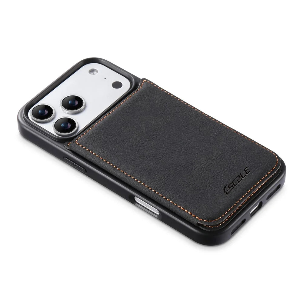 ESEBLE For iPhone 17 Pro Max Phone Case with Card Holder Vintage Textured PC + PU Leather Back Cover - Black - 5