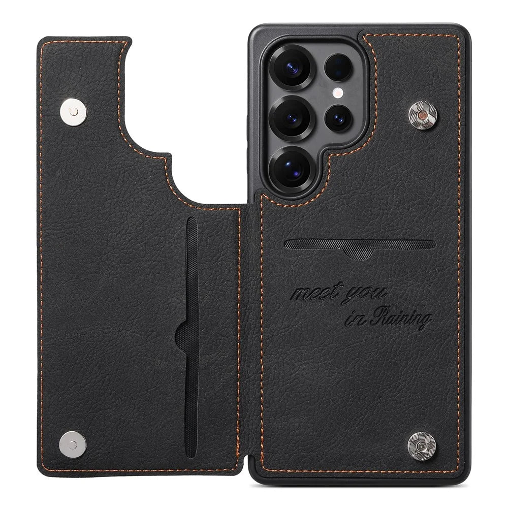 ESEBLE For Samsung Galaxy S26 Ultra Phone Case with Card Holder Vintage Textured PC + PU Leather Back Cover - Black - 3
