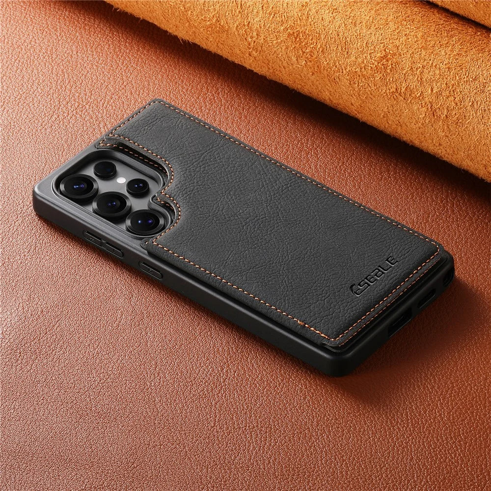 ESEBLE For Samsung Galaxy S26 Ultra Phone Case with Card Holder Vintage Textured PC + PU Leather Back Cover - Black - 6