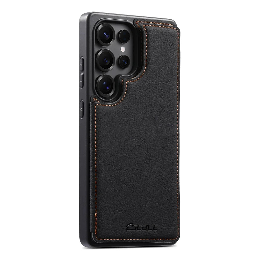 ESEBLE For Samsung Galaxy S25 Ultra Phone Case with Card Holder Vintage Textured PC + PU Leather Back Cover - Black - 1