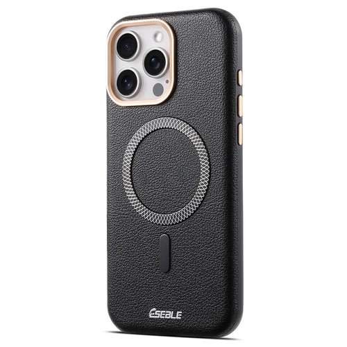 ESEBLE For iPhone 16 Pro Magnetic Case PU+TPU Litchi Pattern Back Cover Compatible with Magsafe - Black - 1