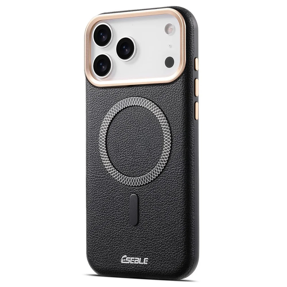ESEBLE For iPhone 17 Pro Magnetic Case PU+TPU Litchi Pattern Back Cover Compatible with Magsafe - Black - 1