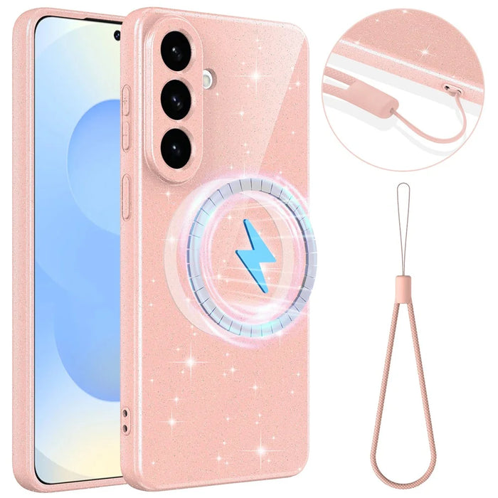 For Samsung Galaxy S26 Magnetic Case Glitter TPU Shockproof Phone Cover with Lanyard - Pink - 1