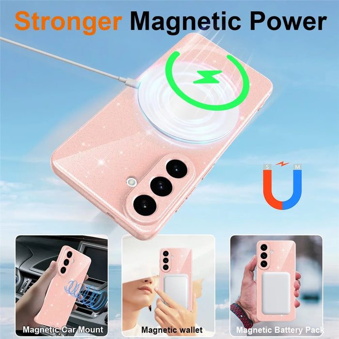 For Samsung Galaxy S26 Magnetic Case Glitter TPU Shockproof Phone Cover with Lanyard - Pink - 2