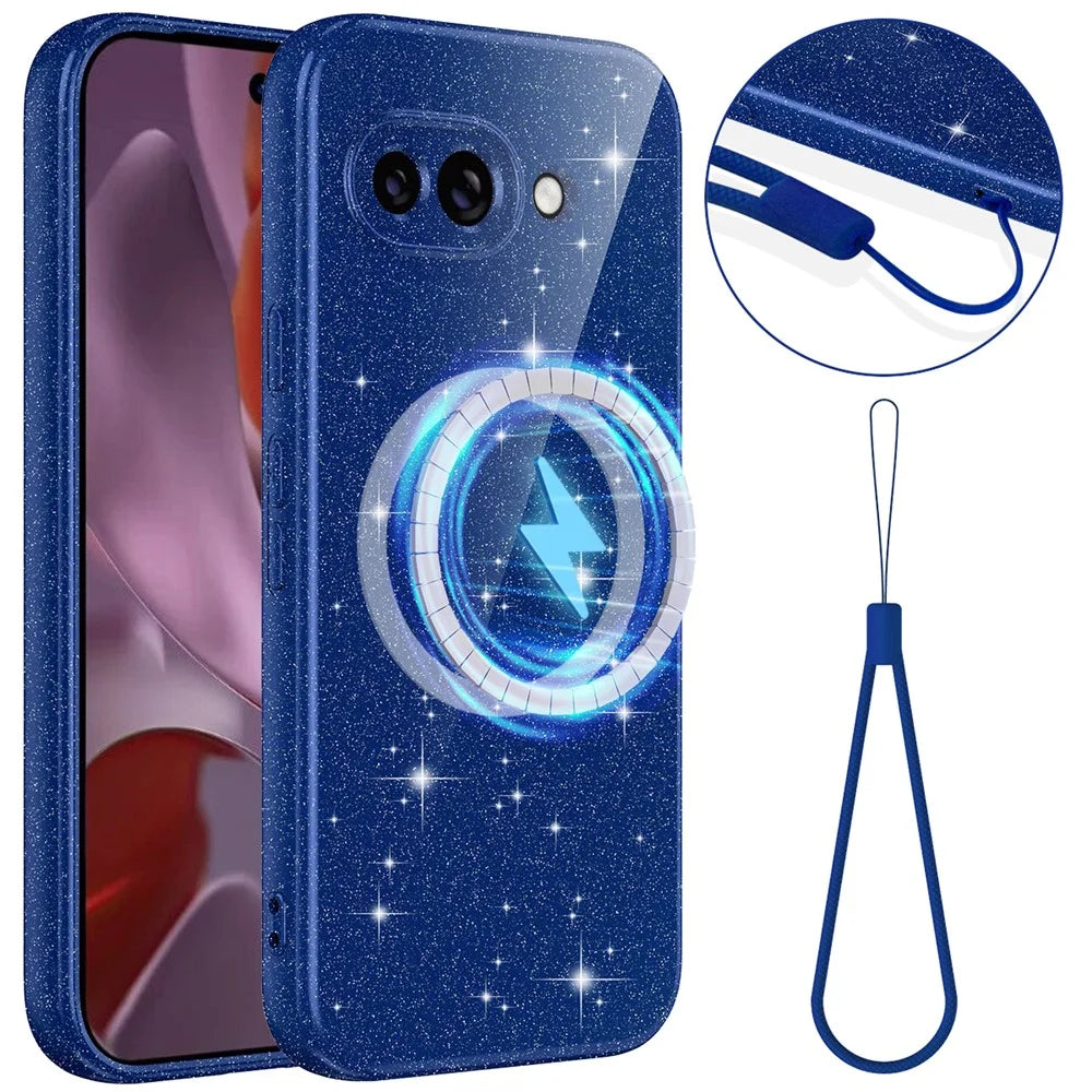 For Google Pixel 9a Magnetic Case Glitter TPU Shockproof Phone Cover with Lanyard - Pink - 1