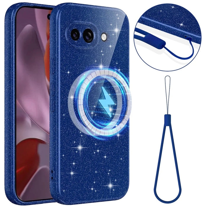 For Google Pixel 9a Magnetic Case Glitter TPU Shockproof Phone Cover with Lanyard - Pink - 1