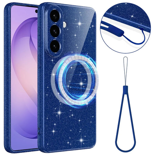 Magnetic Case For Samsung Galaxy A18 4G / A18 5G / A17 5G  /  F17 5G  /  M17 5G  /  A17 4G Glitter TPU Shockproof Phone Cover with Lanyard - Blue - 1