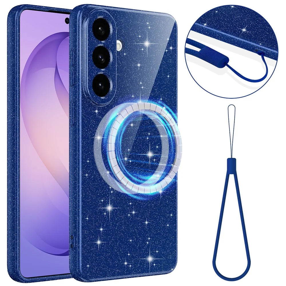 For Samsung Galaxy A26 5G Magnetic Case Glitter TPU Shockproof Phone Cover with Lanyard - Blue - 1