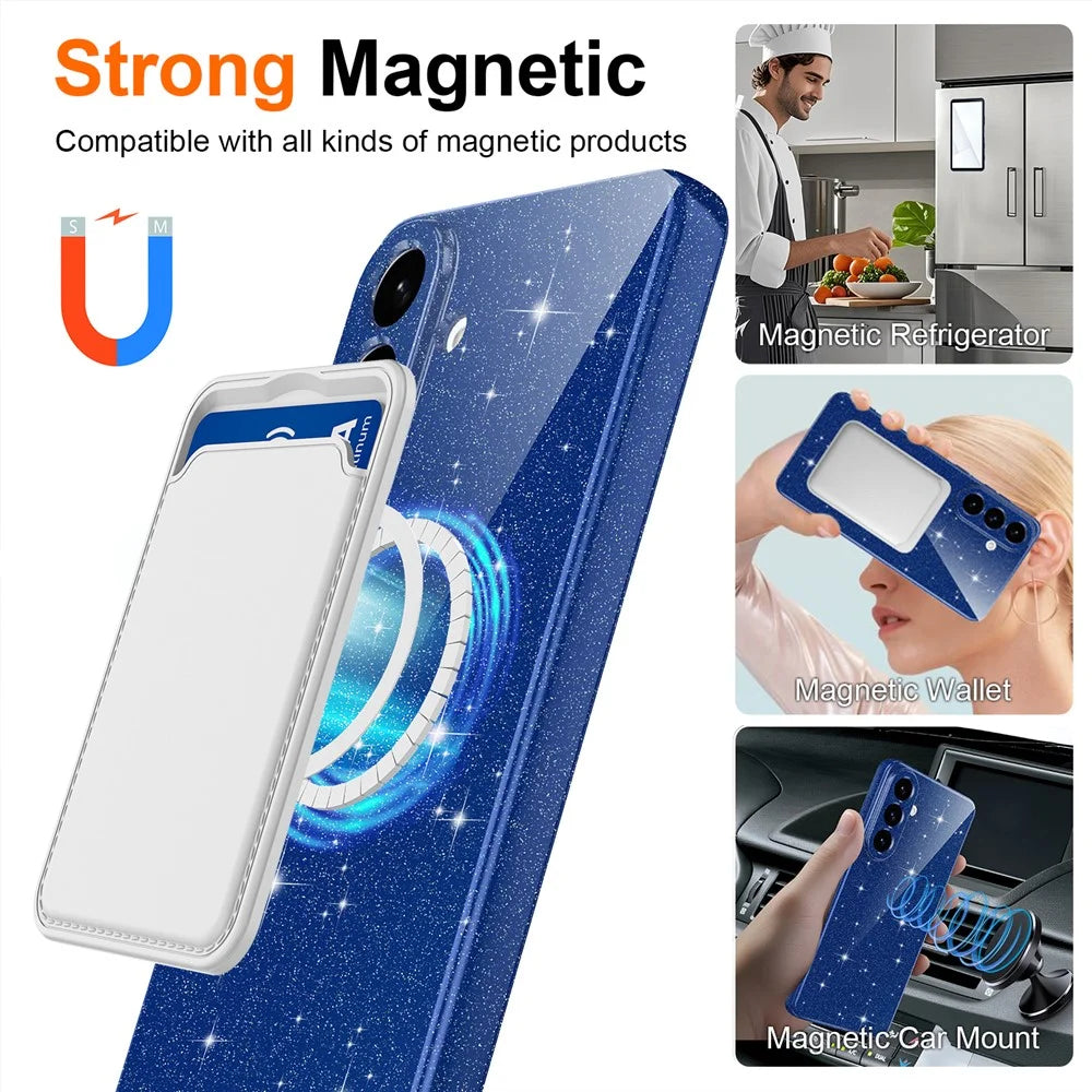 For Samsung Galaxy A26 5G Magnetic Case Glitter TPU Shockproof Phone Cover with Lanyard - Blue - 2