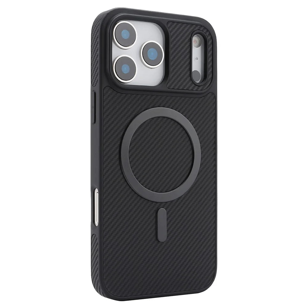 For iPhone 17 Pro Case Carbon Fiber Texture PU TPU Drop-proof Phone Back Cover with Non-Magnetic Metal Ring - Black - 2