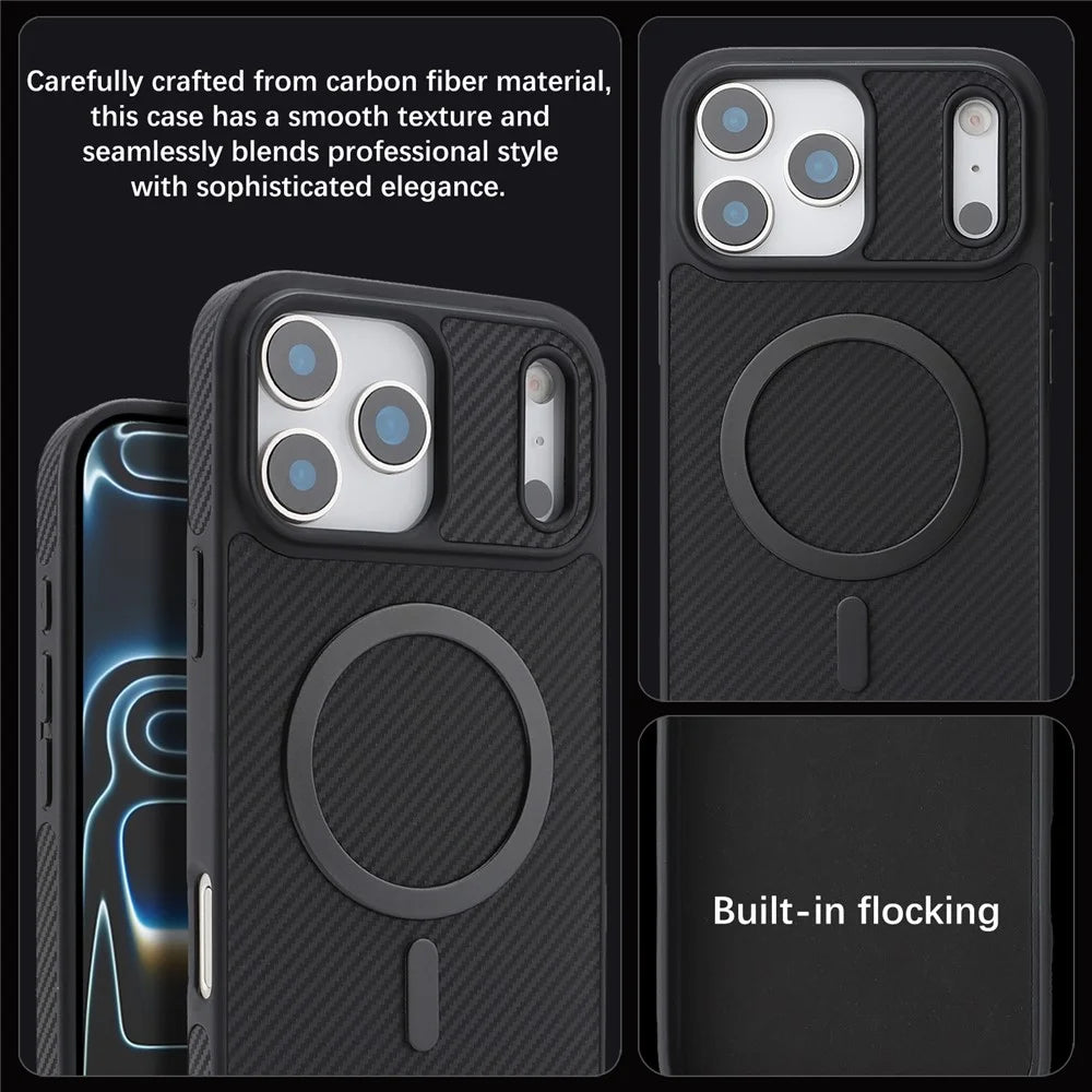 For iPhone 17 Pro Case Carbon Fiber Texture PU TPU Drop-proof Phone Back Cover with Non-Magnetic Metal Ring - Black - 6