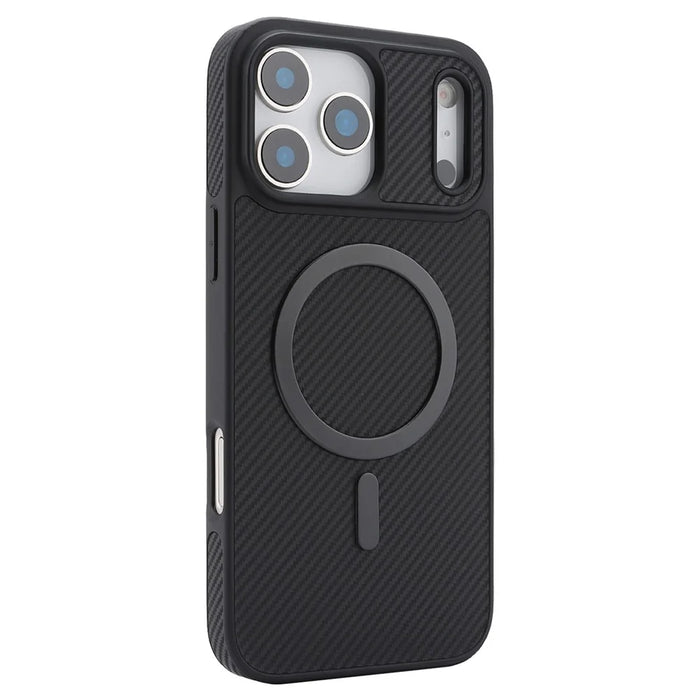 For iPhone 17 Pro Max Case Carbon Fiber Texture PU TPU Drop-proof Phone Back Cover with Non-Magnetic Metal Ring - Black - 2