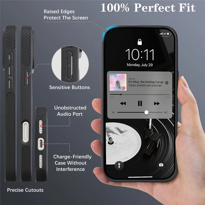 For iPhone 17 Pro Max Case Carbon Fiber Texture PU TPU Drop-proof Phone Back Cover with Non-Magnetic Metal Ring - Black - 5